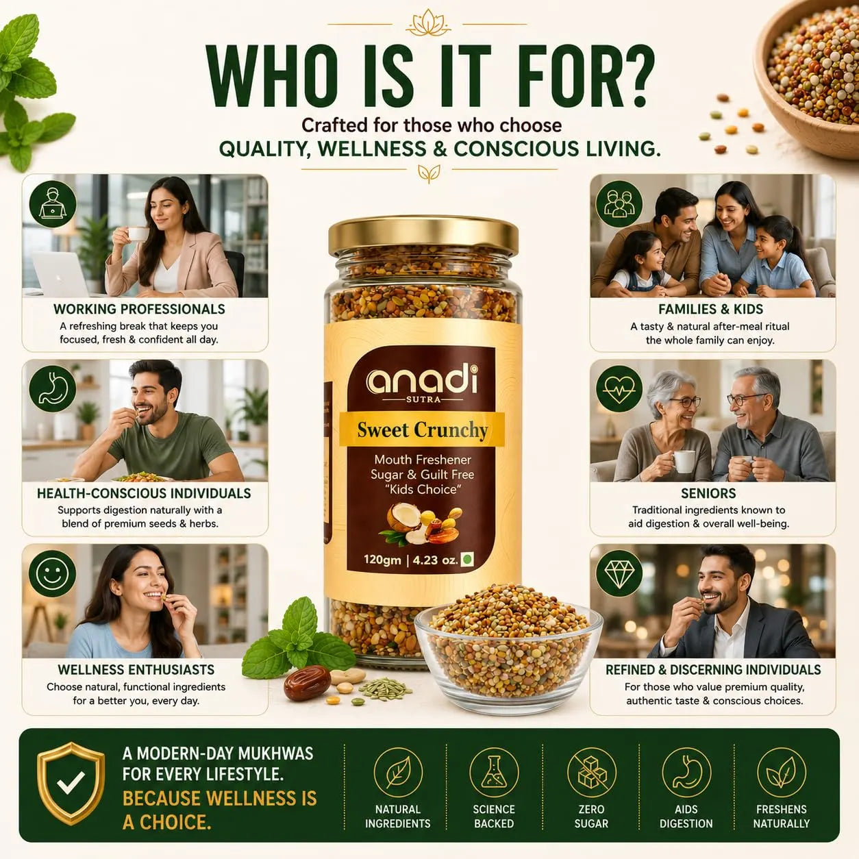 Sweet Crunchy 120 g seed snack jar centered with a bowl of mixed seeds