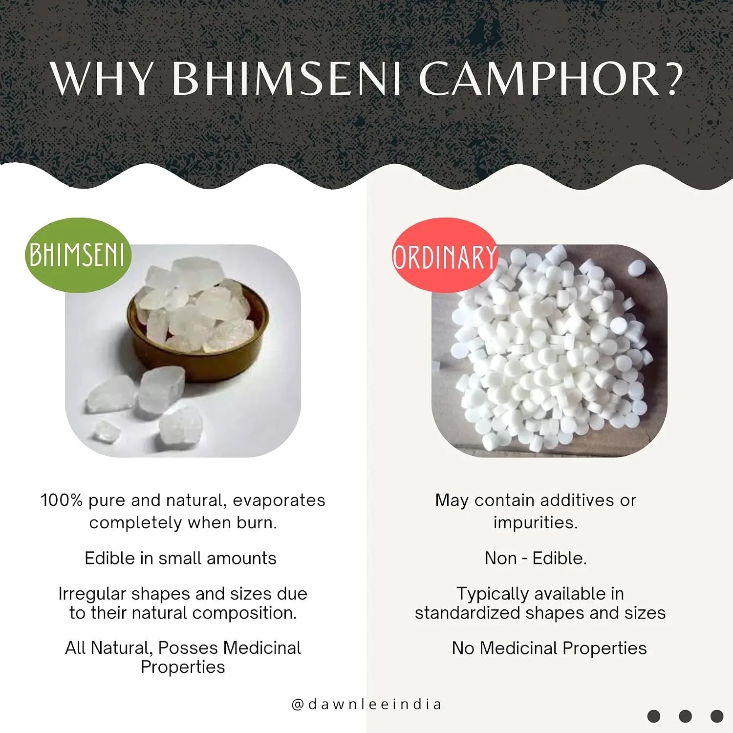 Virgin coconut camphor oil bottle with gold cap on a comparison infographic layout