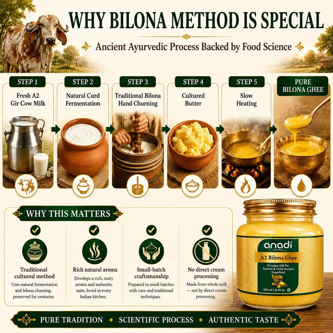 Bilona method process infographic with five steps and jar of ghee shown at right