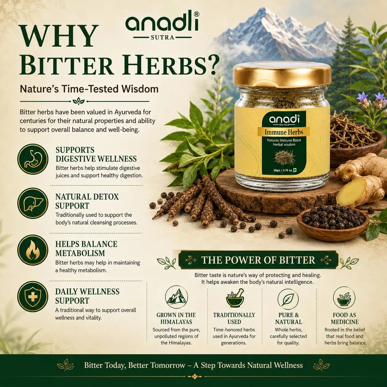 Immune herb jar by anadi with gold lid surrounded by dried herbs and spices