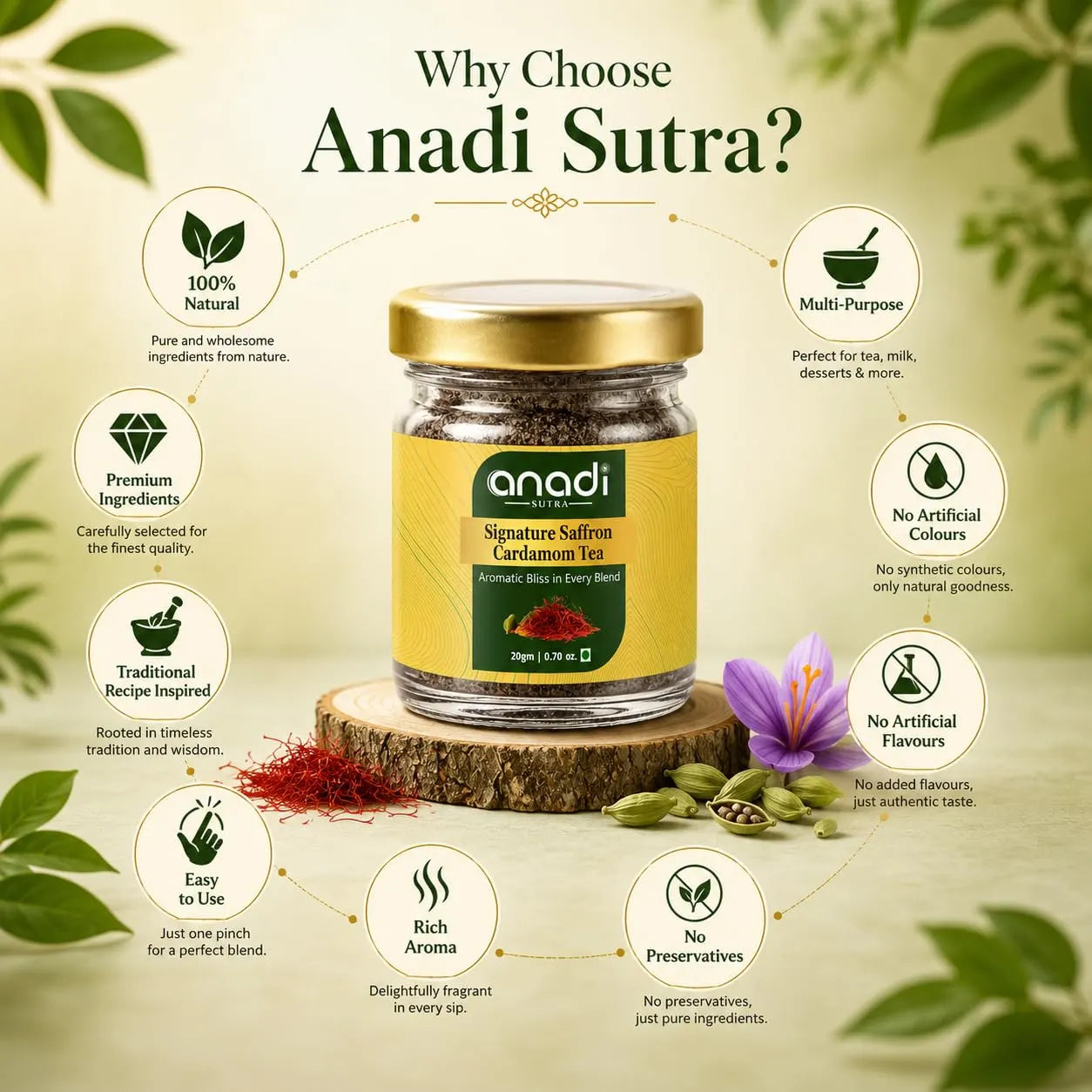 Saffron cardamom tea glass jar with gold lid and Anadi Sutra label