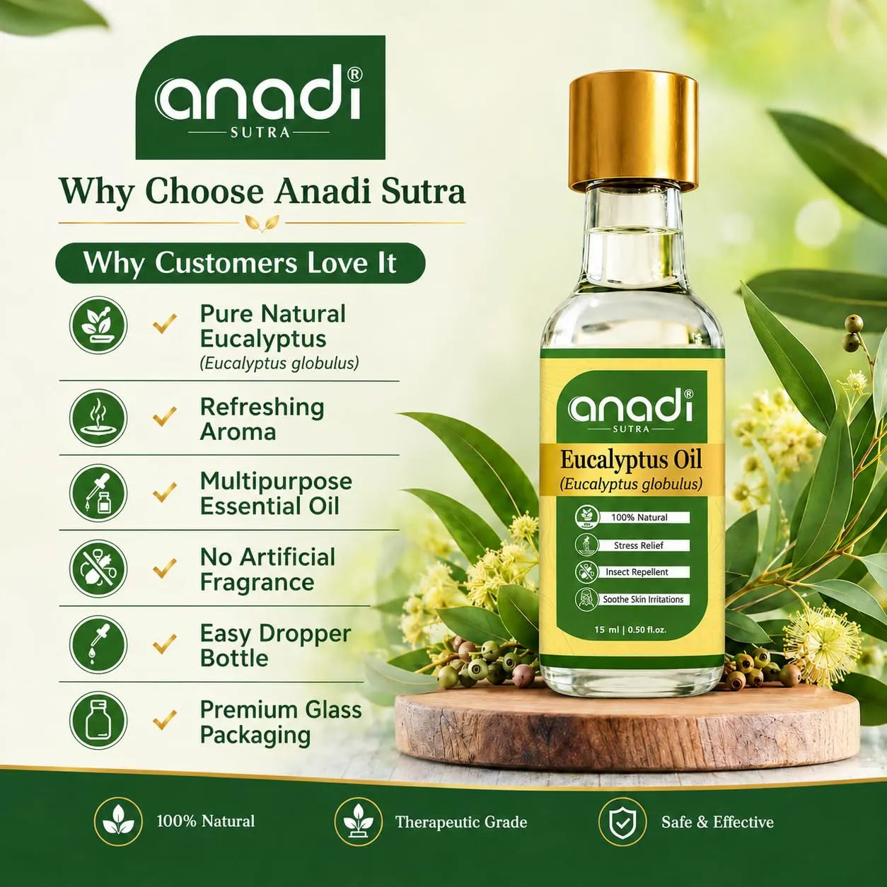 Eucalyptus oil bottle with anadi sutra label and why choose features