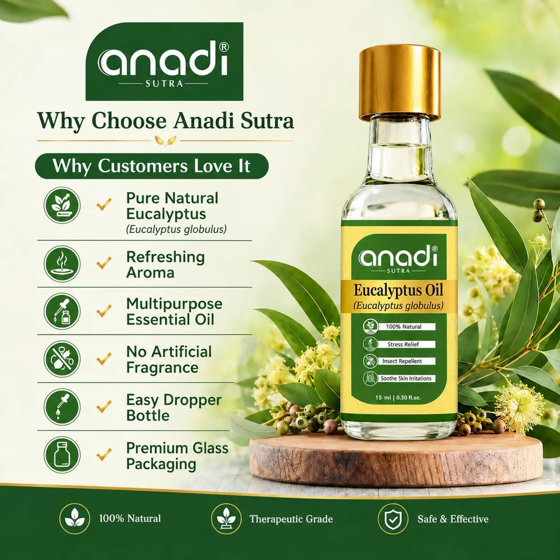 Eucalyptus oil bottle with anadi sutra label and why choose features