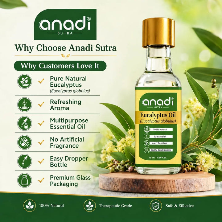 Eucalyptus oil bottle with anadi sutra label and why choose features