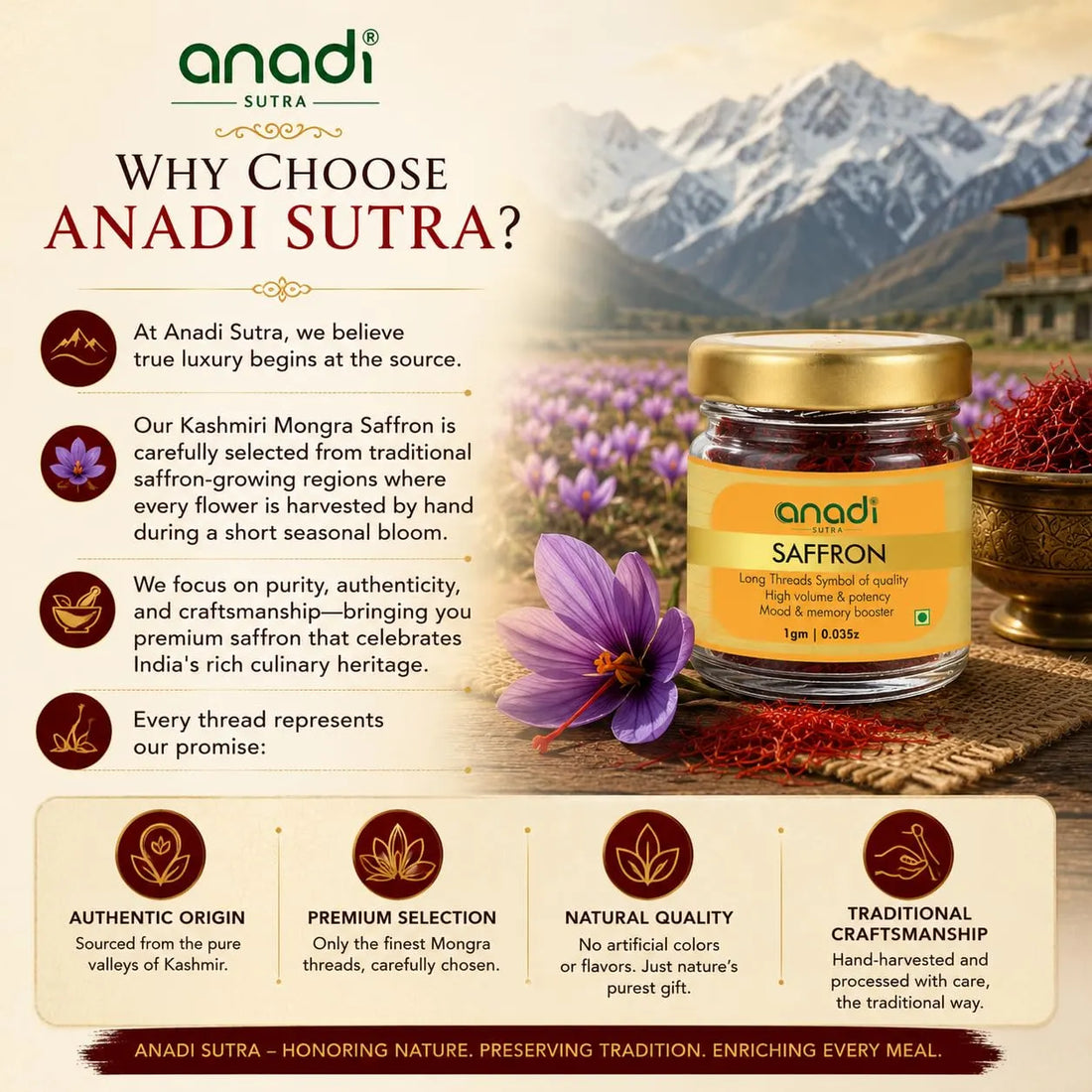 anadi SUTRA saffron jar with gold lid and red saffron threads with purple flower