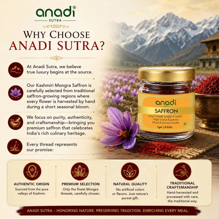 anadi SUTRA saffron jar with gold lid and red saffron threads with purple flower