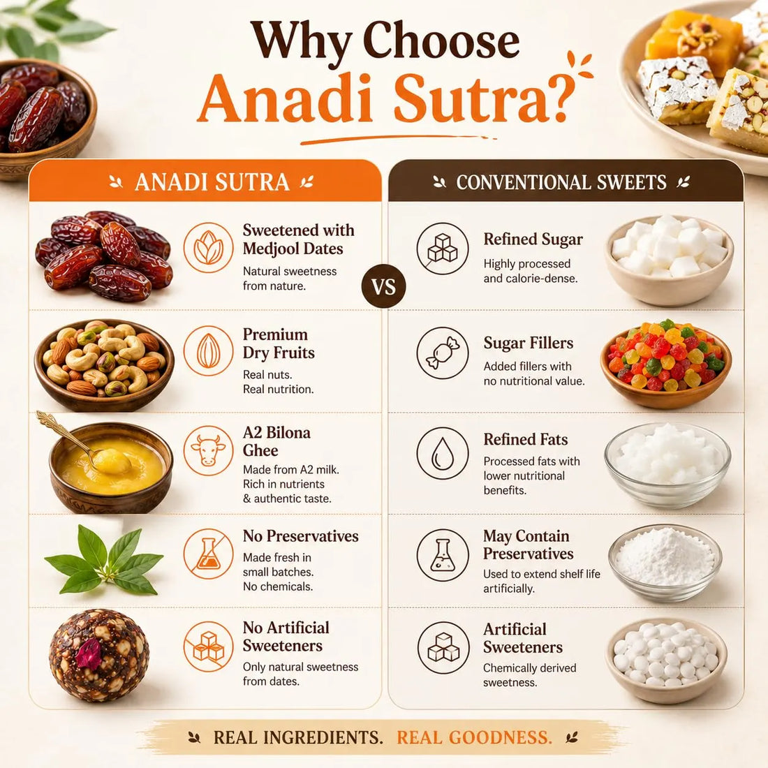 Side-by-side comparison graphic for dry fruits ladoo and conventional sweets