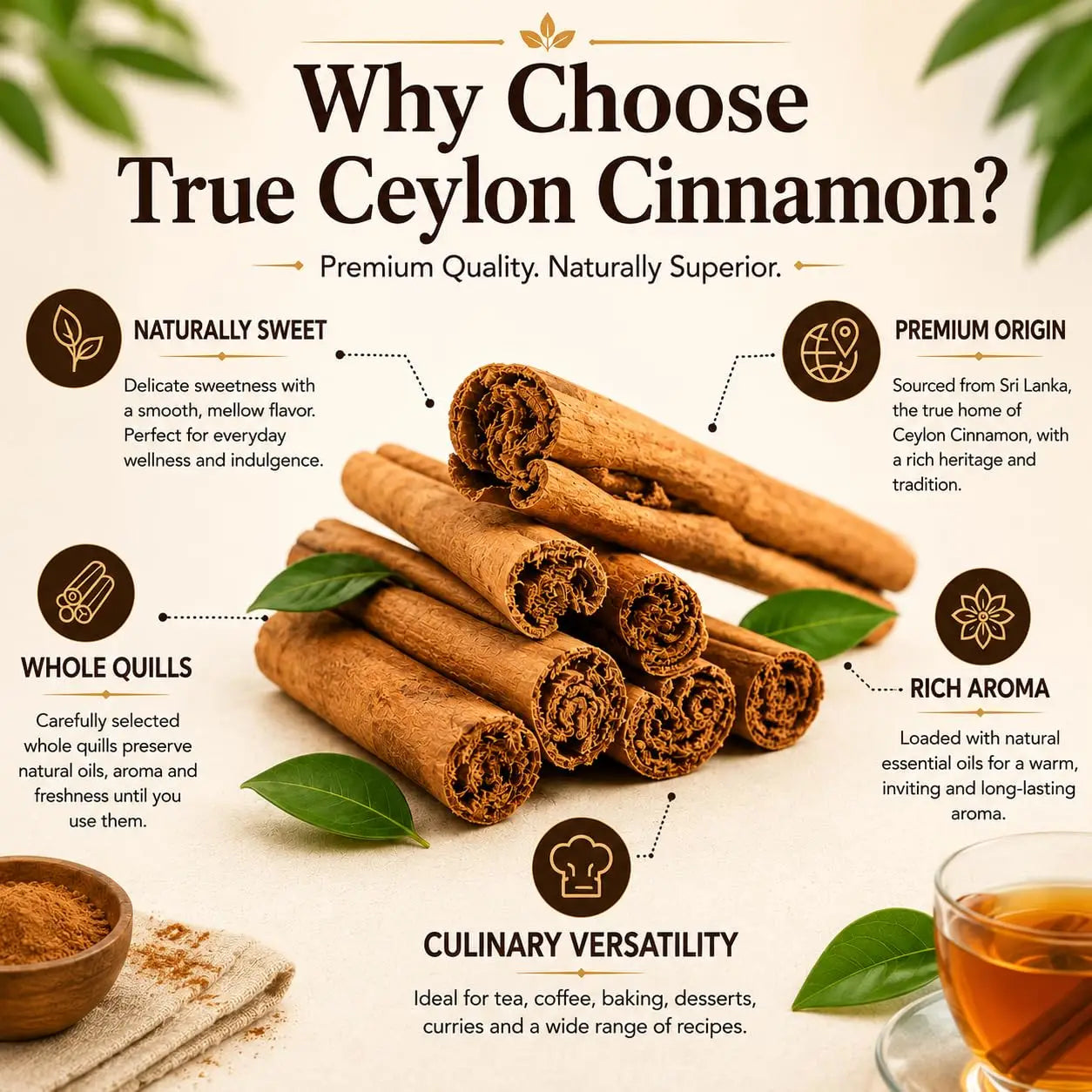 Bundle of cinnamon sticks with green leaves on a clean flat surface