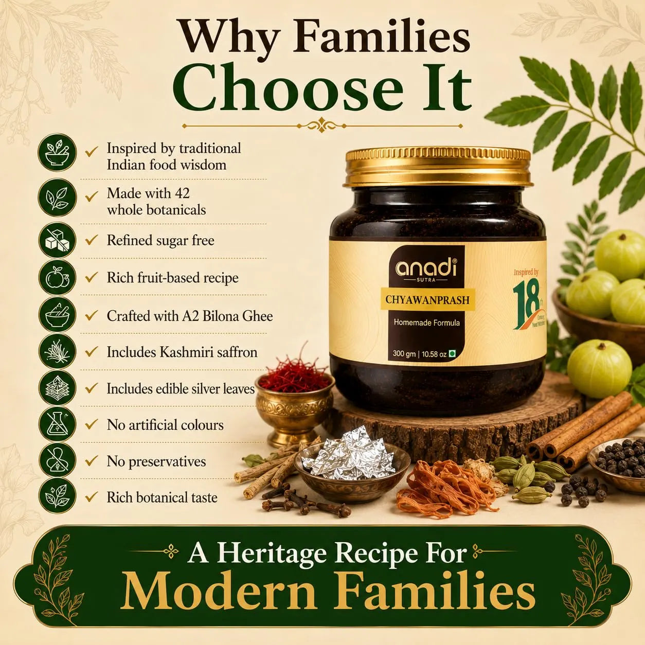 Anadi Chyawanprash jar with gold lid with saffron strands and edible silver leaf