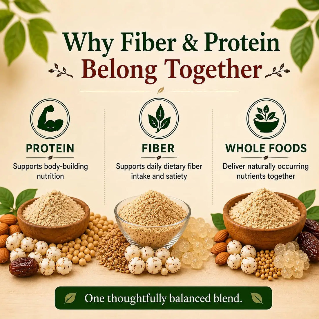 Fiber protein powder blend in a glass jar with golden lid, light beige powder
