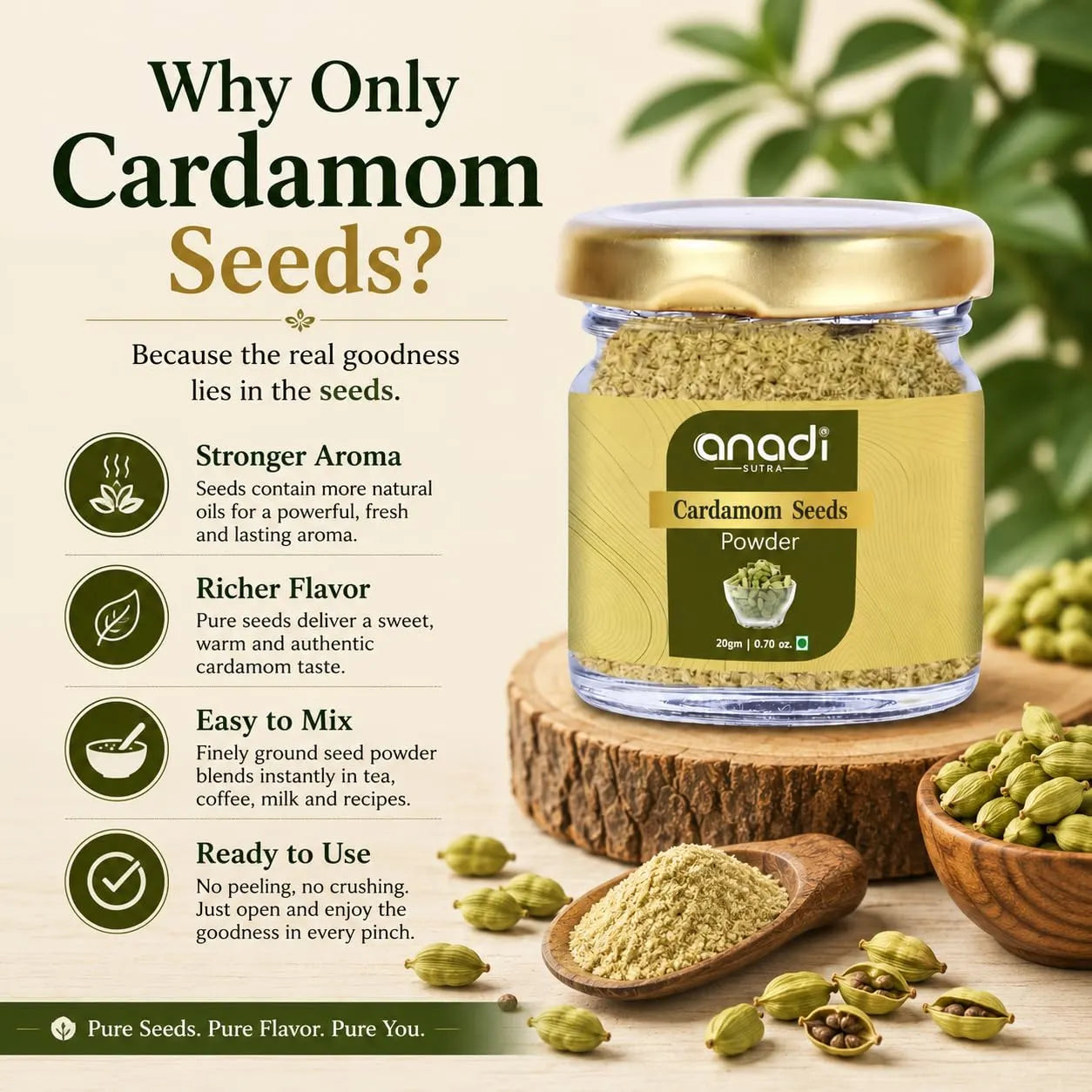 Cardamom seeds powder jar with gold lid, pile of ground spice and green pods
