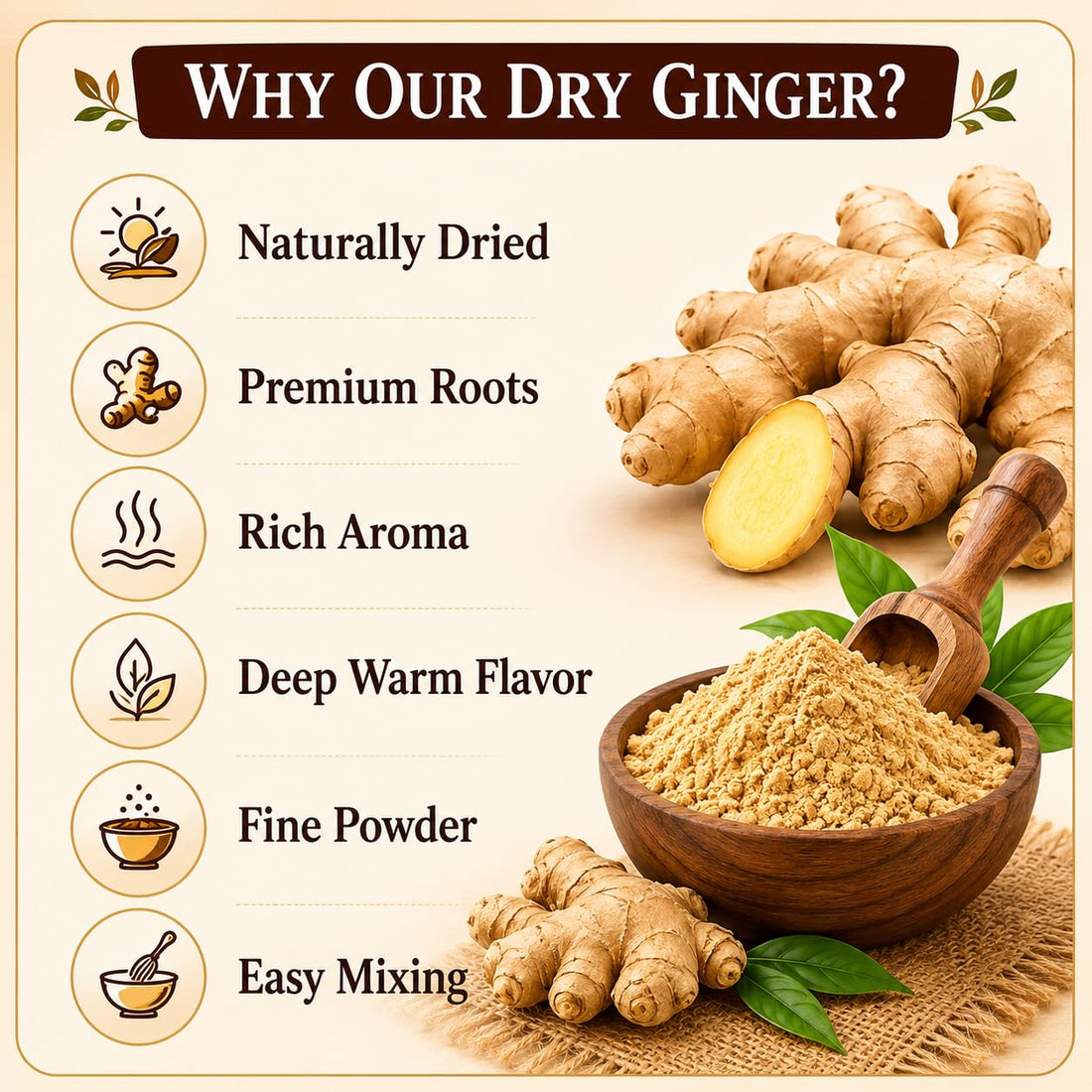 Dry ginger powder serving board with a wooden bowl of powder and ginger roots