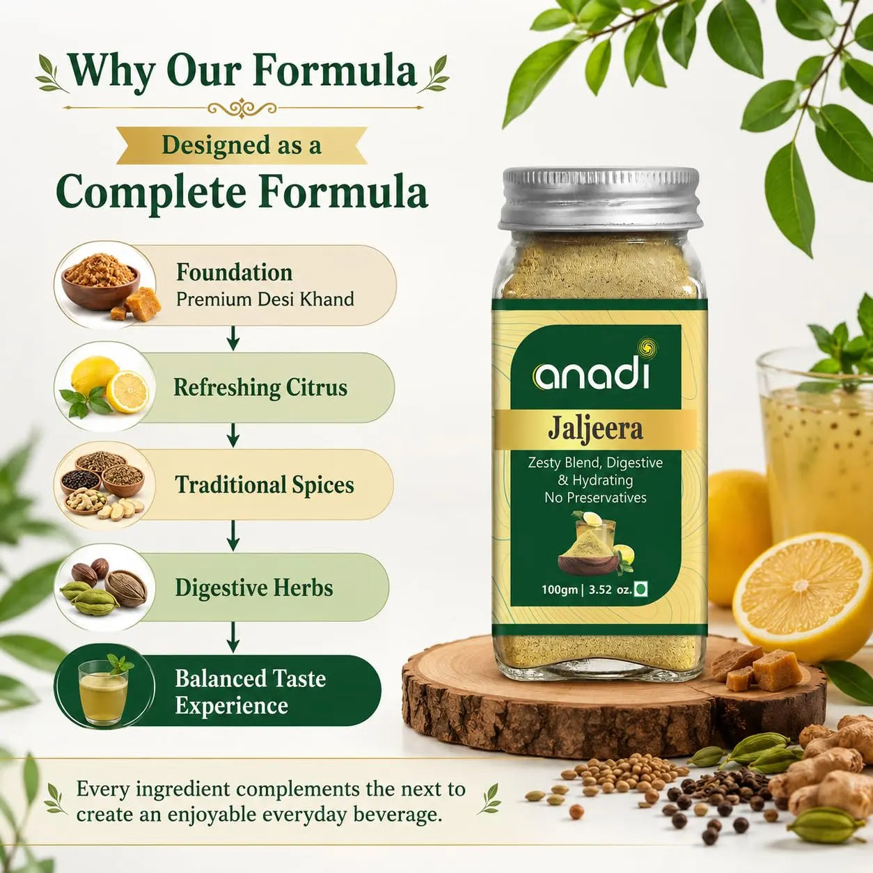 anadi Jaljeera bottle on wood with citrus herbs and a glass drink