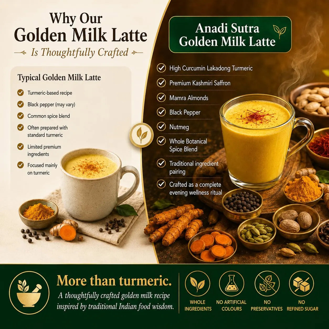 Golden milk latte poster with jar, mug of turmeric beverage, spice ingredients around