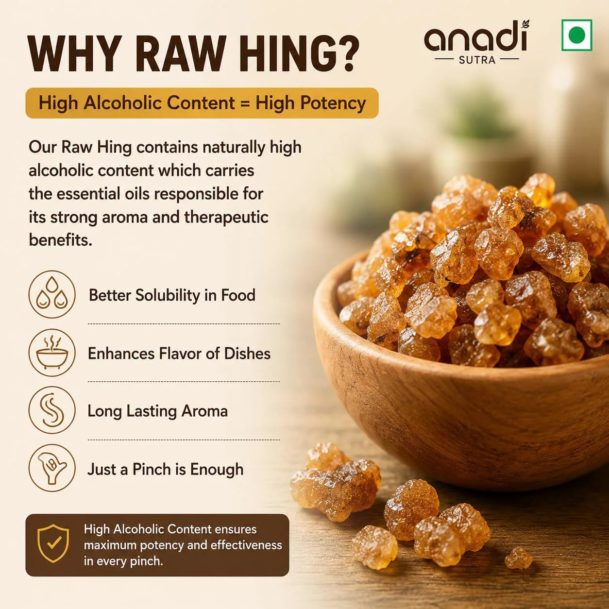Anandi Sutra Raw Hing benefits infographic with bowl of brown hing crystals