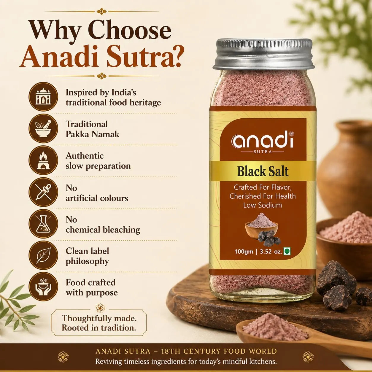anadi SUTRA black salt jar, 100 g, silver lid and coarse pink salt crystals in glass
