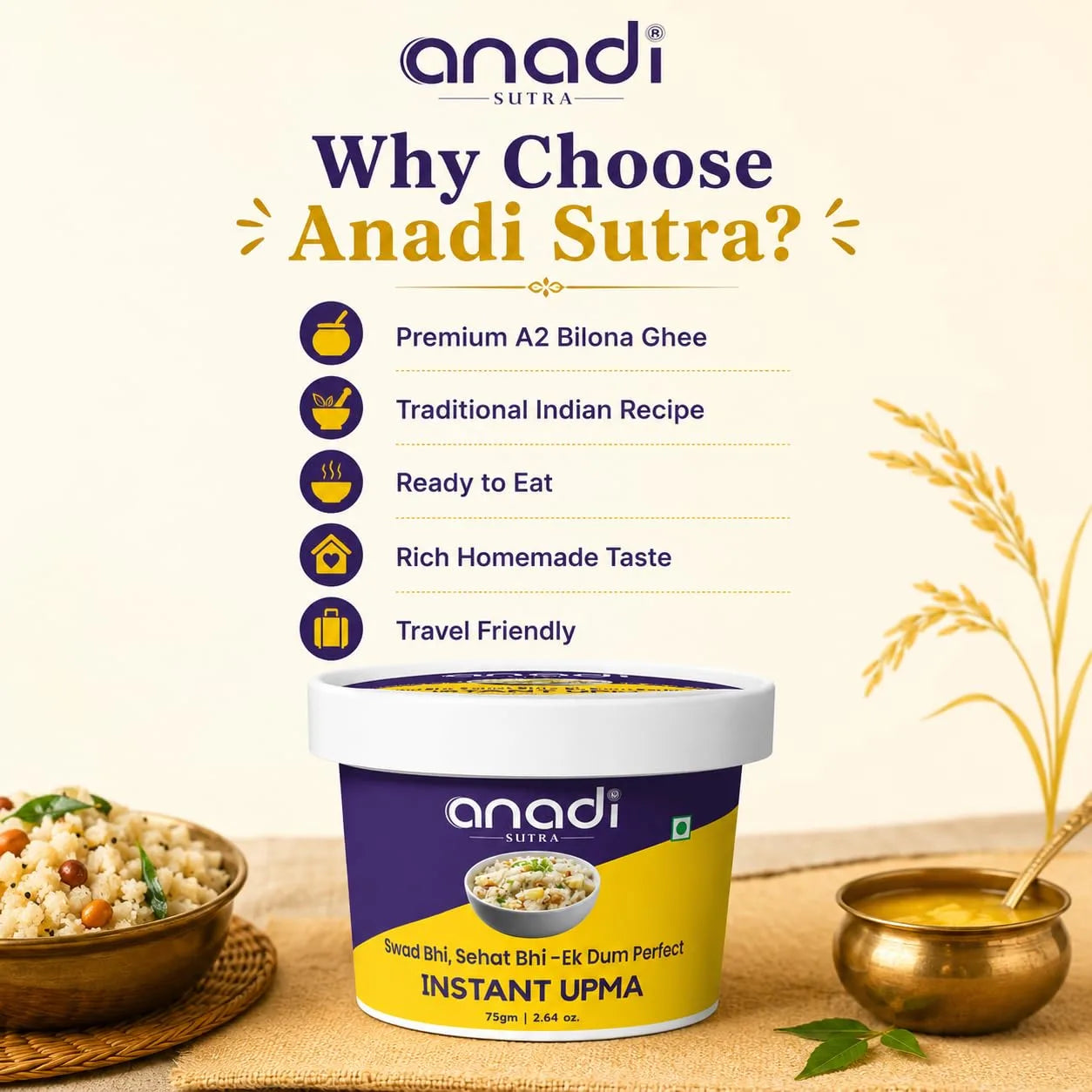 Instant upma cup with lid and small bowls of upma with brass container nearby.