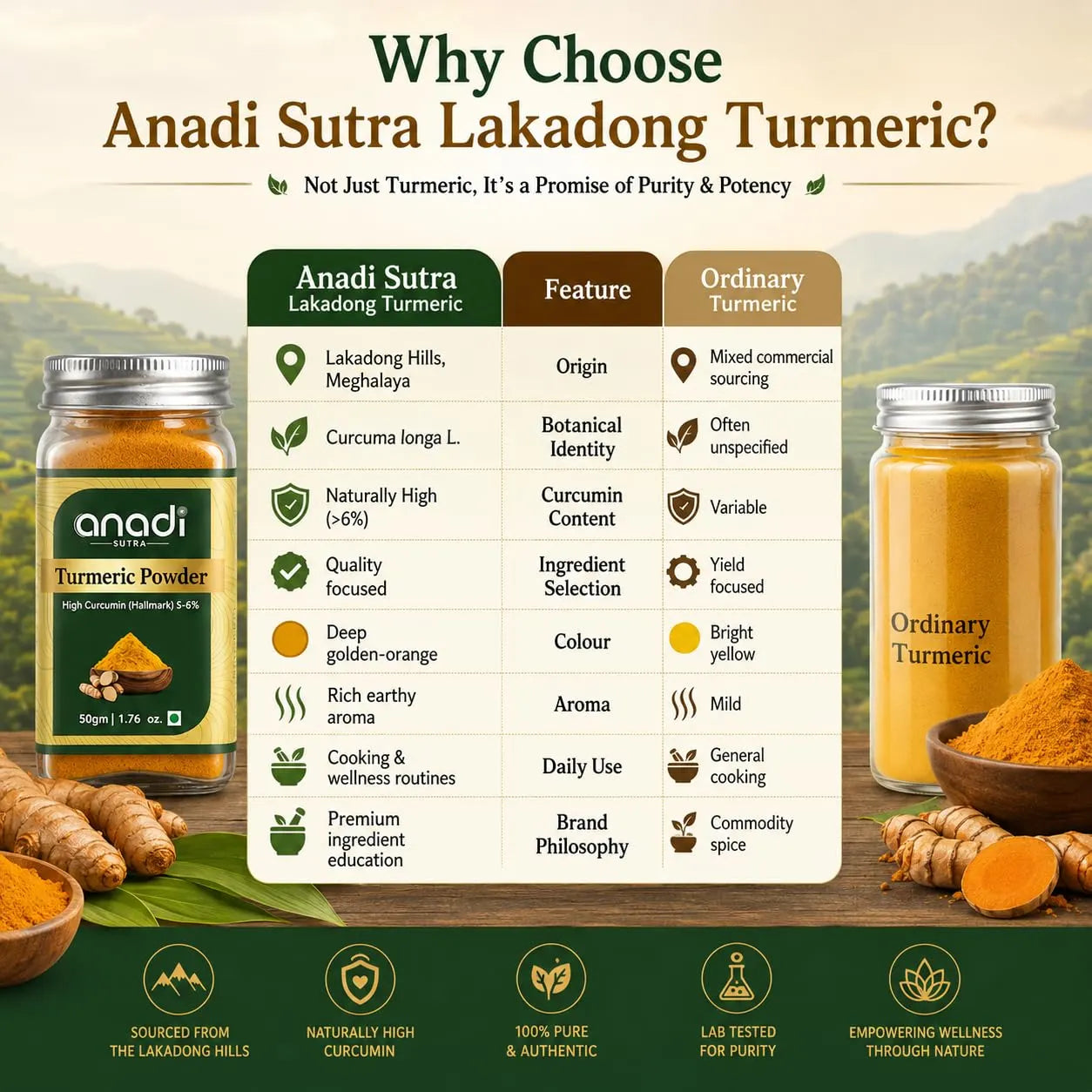 Turmeric powder jar with infographic panel comparing Lakadong turmeric and ordinary turmeric