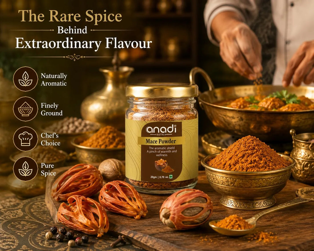 Mace powder jar with gold lid and mound of ground mace spice