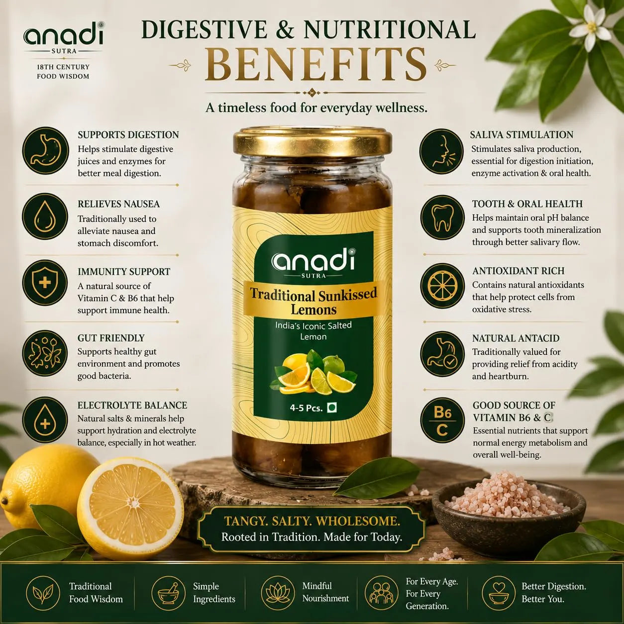 Traditional Sunkissed Lemons jar with digestive benefits layout and lemon wedges