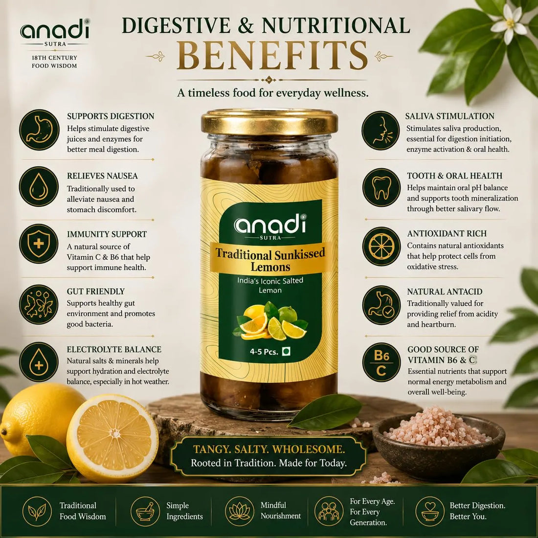 Traditional Sunkissed Lemons jar with digestive benefits layout and lemon wedges