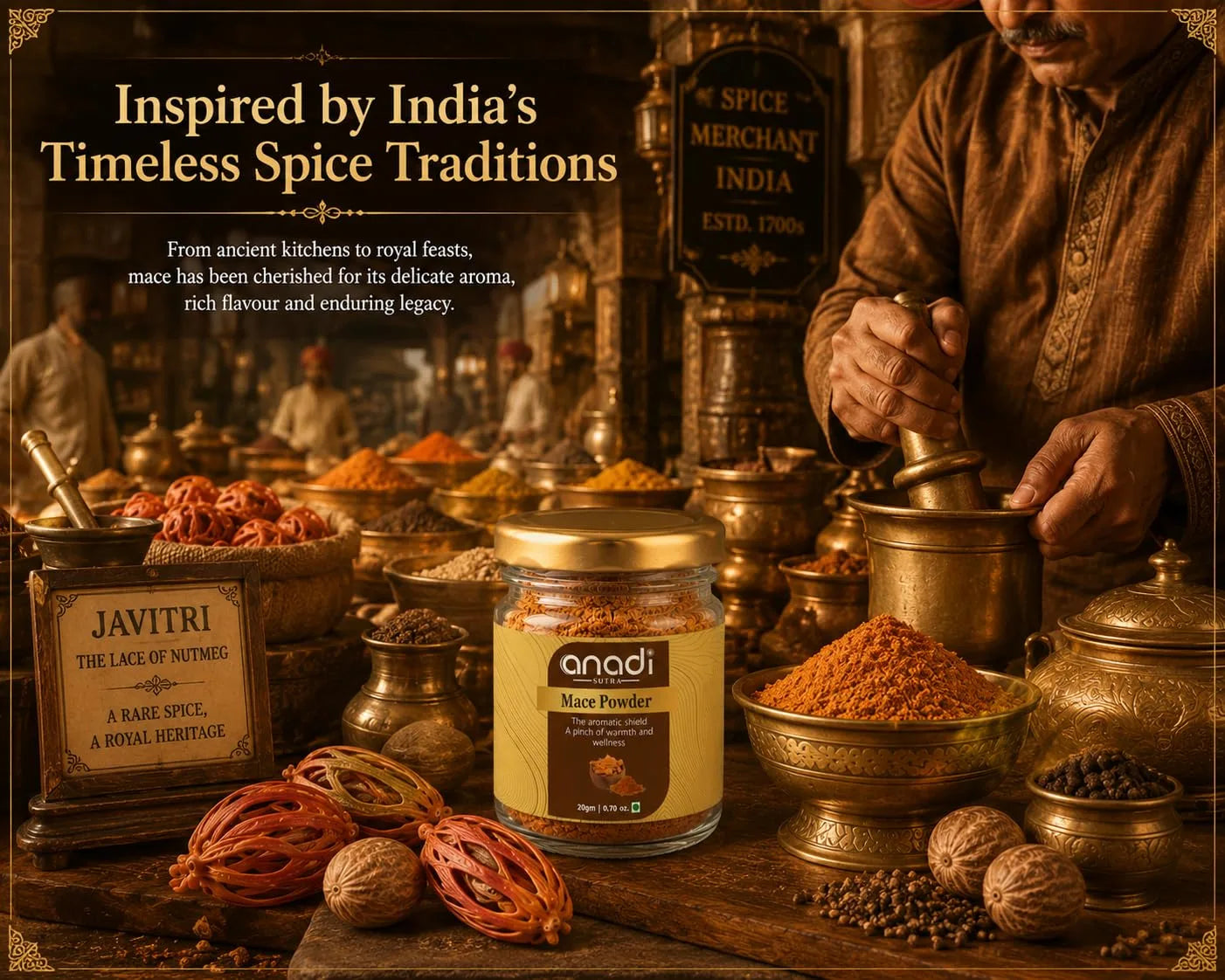 Mace powder jar with gold lid on spice table with bowls and pods