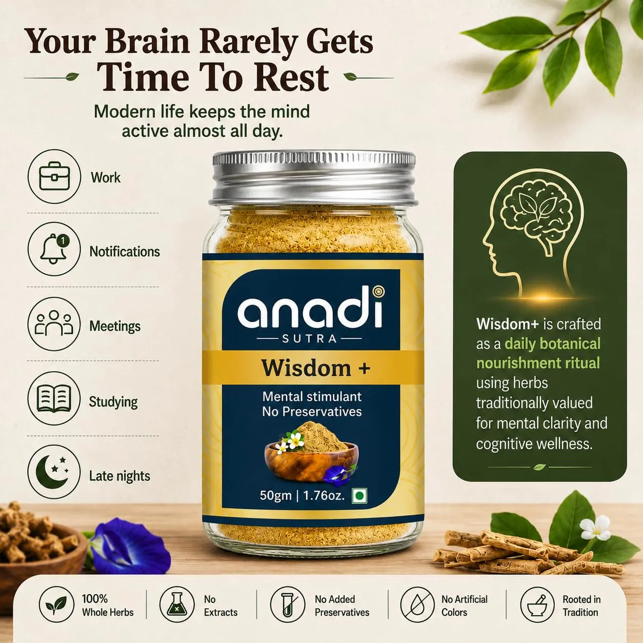 Glass supplement jar with anadi sutra label; green brain icon nutrition panel beside it.