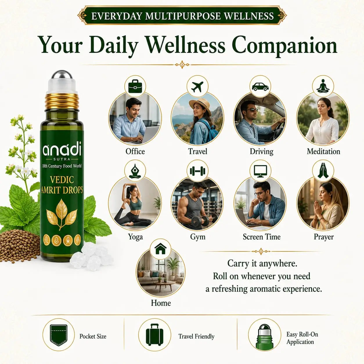 Vedic Amrit Drops roll-on bottle with gold cap, green glass for everyday use