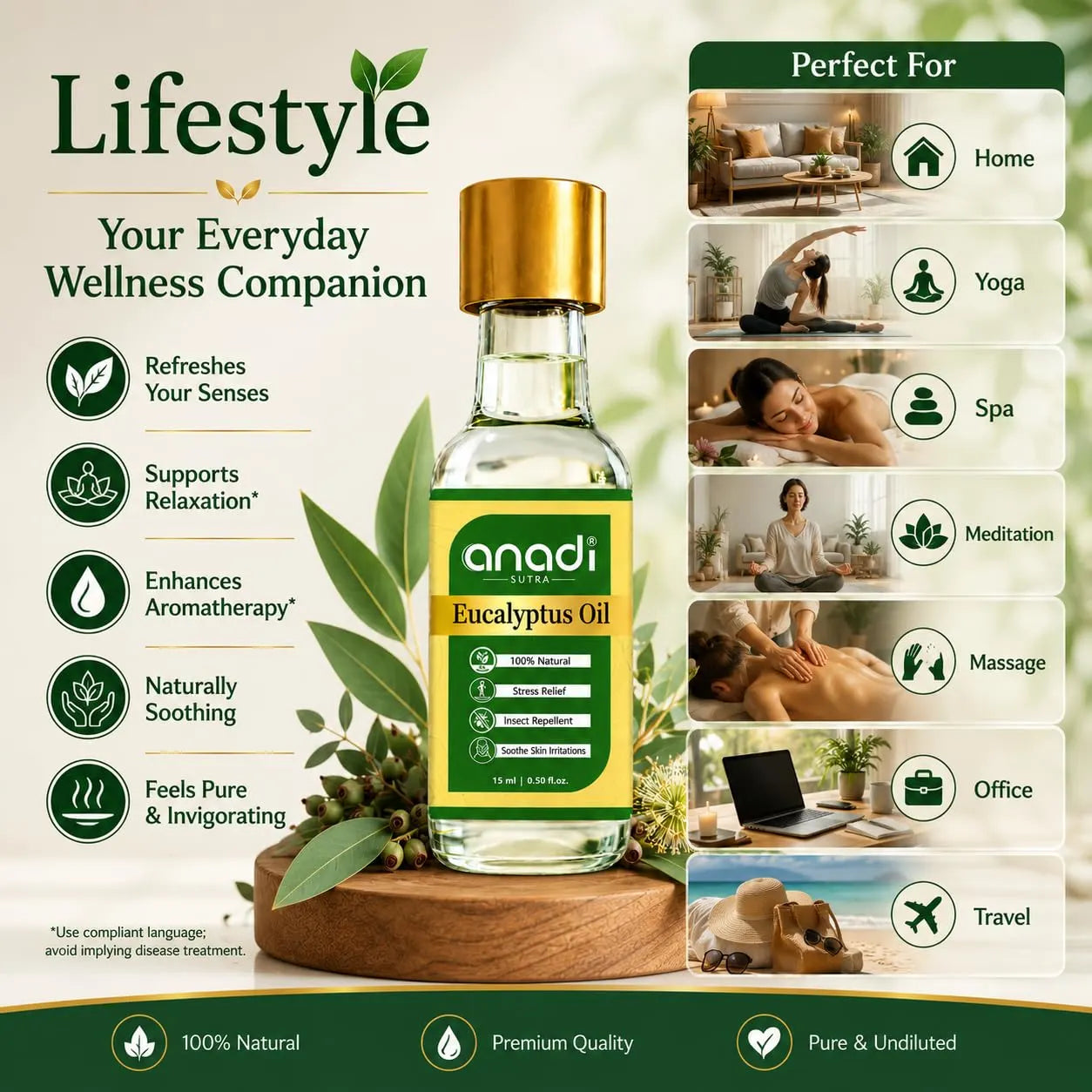 Eucalyptus oil bottle with anadi sutra label beside lifestyle icons
