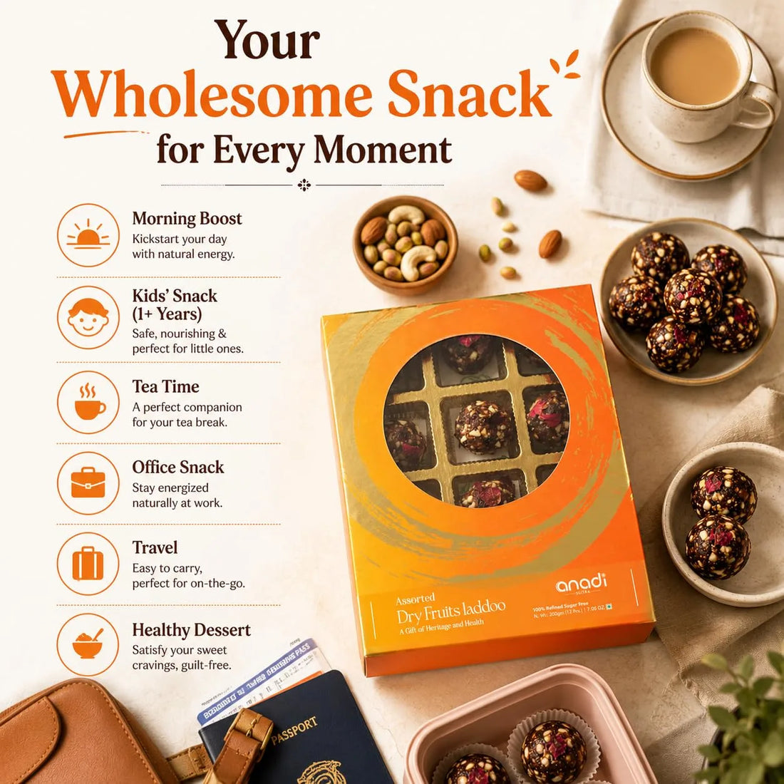 Dry fruits ladoo gift box with snacks and cups nearby for an on-the-go treat