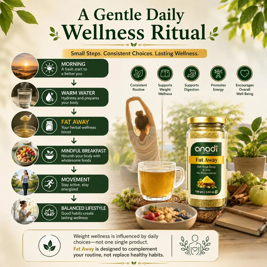 Fat Away jar with gold lid next to a glass cup and herb bowls for daily ritual.