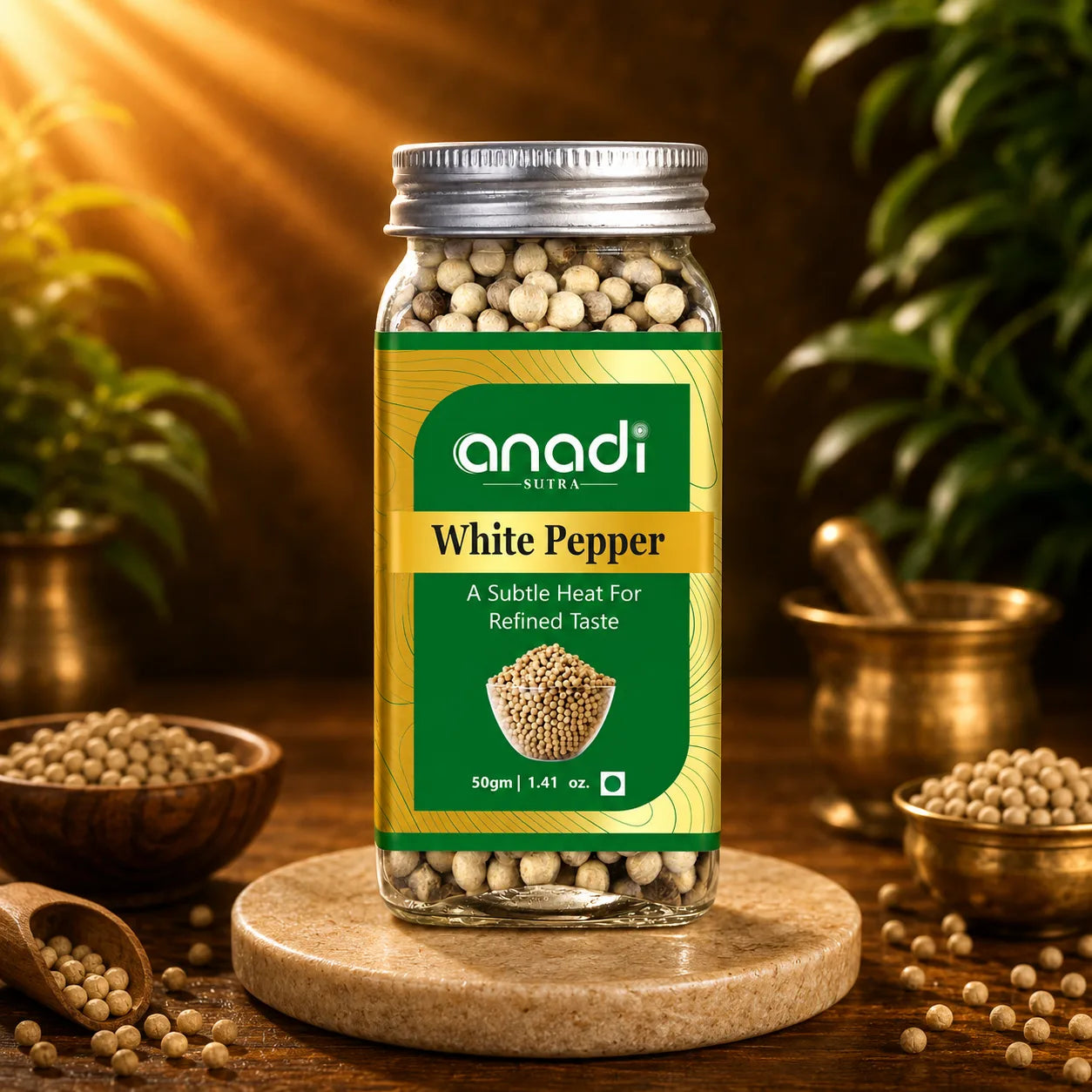 White pepper jar with silver cap, glass filled with pale peppercorns, green label